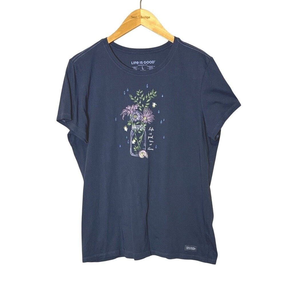 LIFE IS GOOD Women Large Navy Life is Good Rain or Shine Floral Crusher-lite Tee